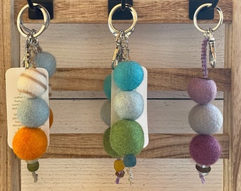 Handmade Wool Felt Ball Keychain: Hemp Macrame Bag Clip