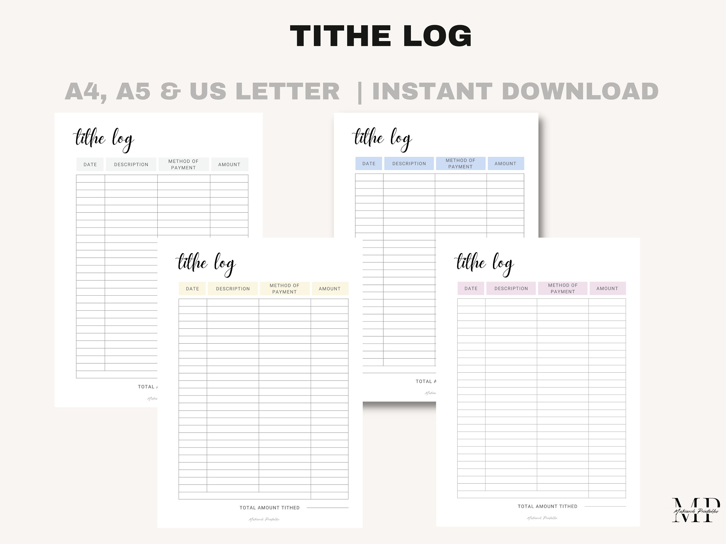 Church Tithe Log Tithe Log | Donations Log| Tithes & Offerings Log | One Page Giving Log ...
