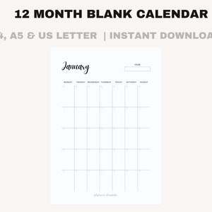 Minimalist Undated Monthly Printable Blank Calendar, Home Management, A4 A5 & US Letter, Digital Download