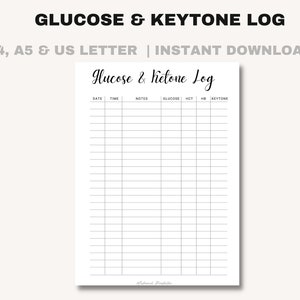 Monitoraggio del glucosio e dei chetoni (cheto) / Monitoraggio del diabete di tipo 1 o 2 / Monitoraggio dello zucchero nel sangue / Stampabile medico / Dieta a basso contenuto di carboidrati / Download istantaneo