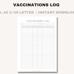 Vaccinations Log |  Vaccinations Tracker | Immunisation Log | Immunisation Tracker | Medical Printable | PDF Printable | Instant Download