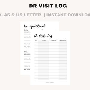 May include: Printable doctor visit log template with sections for date, doctor, reason for visit, questions, prescription, and next appointment. The template also includes a section for tracking symptoms and prescriptions.