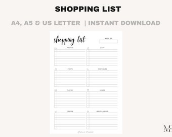 May include: A printable shopping list with the title "SHOPPING LIST" at the top. The list is divided into categories like protein, fruits, vegetables, and drinks. The text "A4, A5 & US LETTER | INSTANT DOWNLOAD" is also visible.