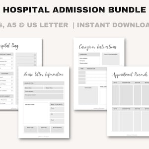 Hospital Admission Care Plan | Hospital Bag Checklist | Caregiver Instructions | House Sitter Instructions | Medical Printable