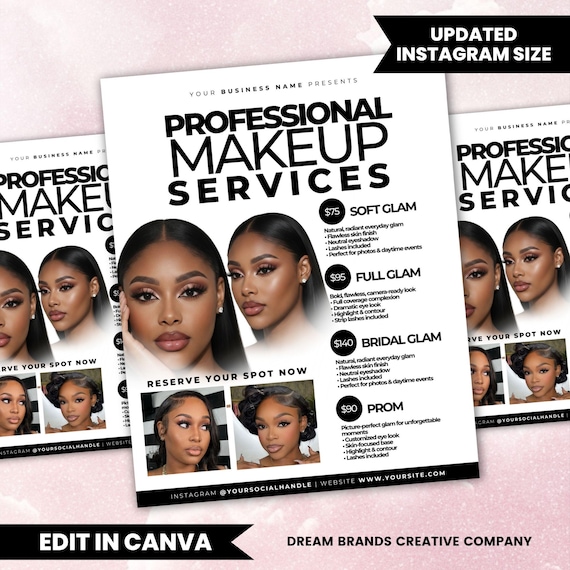 Makeup Price List Flyer Template, MUA Service Menu, Beauty Pricing List, Glam Makeup Artist Price Guide, Editable Canva Template