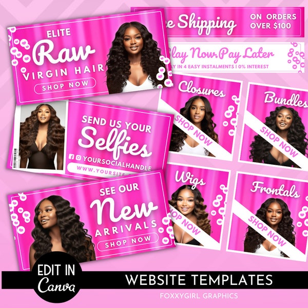 DIY Hair Website Banner Kit| Shopify Wix Hair Extensions or Wig Boutique Store Design| Website Design Templates Set| Canva| Retail Store