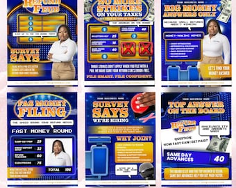 May include: A collection of six promotional graphics with a blue and gold theme. The graphics promote tax services, featuring text like "Refund Feud," "No More Strikes," and "Big Money Answers Only." Each graphic includes a photo of a woman.