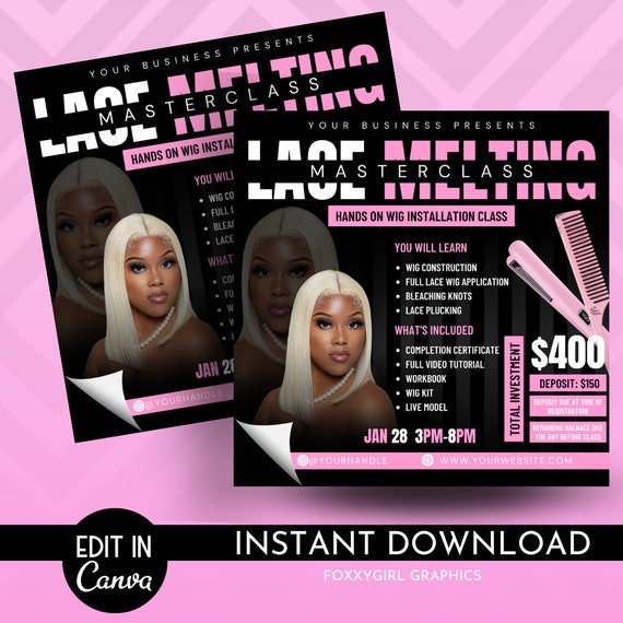 WIG TRAINING FLYER, wigs, Social Media Flyer, Beauty Template, Diy Flyer, Canva Template for Wig Class Flyer