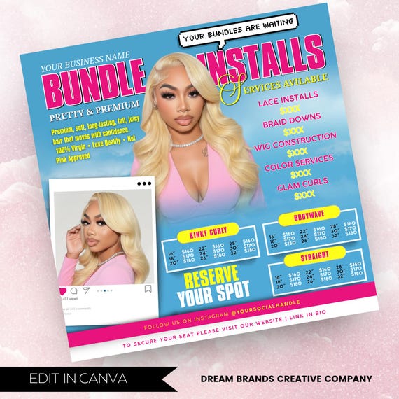 Pink Hair Salon Flyer Canva Template • Legally Blonde Theme • Editable Wig Business Flyer • Beauty Marketing Template• Booking flyer
