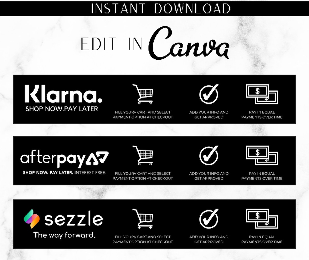 DIY PAYMENT BANNERS, Canva Templates, Klarna, Afterpay Sezzle, Quadpay