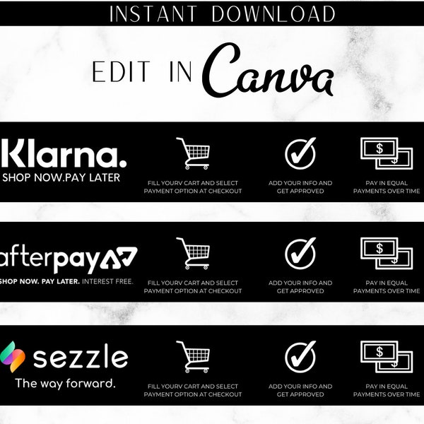 DIY PAYMENT BANNERS, canva templates, klarna, afterpay sezzle, quadpay, web banners, template website banner header footer banner set