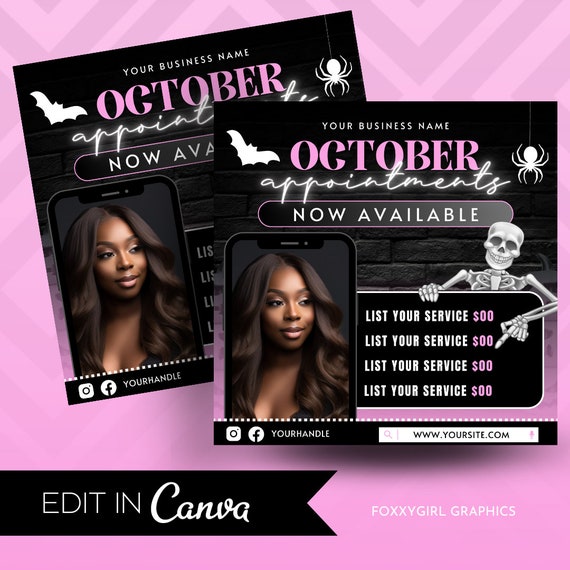 October Bookings Flyers, Halloween Bookings Available, Appointment Flyer, Spooky Flyer, Hair, Nails, Makeup Lashes Braids Wigs Flyer