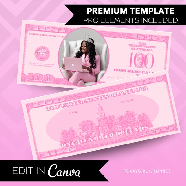 Pink 100 Dollar Bill Template, Custom Game Party Play Money, Add Your Text & Face on Money, Editable Printable Pink Hundred Dollar Bucks