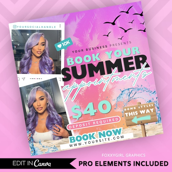 Summer Booking Flyer, Summer Break, Summer Special, Summer Appointments Books Open June July August Hair Braids Lash Nails Makeup Wig Wax