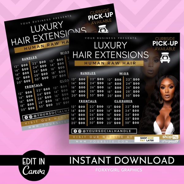 DIY Hair Pricelist Flyer, Hair Sale, Bundle Deals, Hair Extensions Wig Flyer, Editable Canva Template