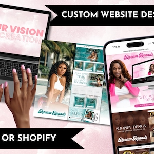 Peut inclure: Un ordinateur portable, un téléphone et des documents imprimés présentent des exemples de conception de sites Web. L'écran de l'ordinateur portable affiche "YOUR VISION OUR CREATION". Le téléphone montre un site Web avec une femme en blazer rose. Le texte comprend "WIX OR SHOPIFY" et "CUSTOM WEBSITE DESIGN."