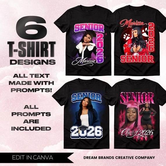 6 Graduation T-Shirt Design Templates + AI Prompts Included | 2026 Grad Shirt Designs | Senior Graphic PNG Files | Editable Canva Templates