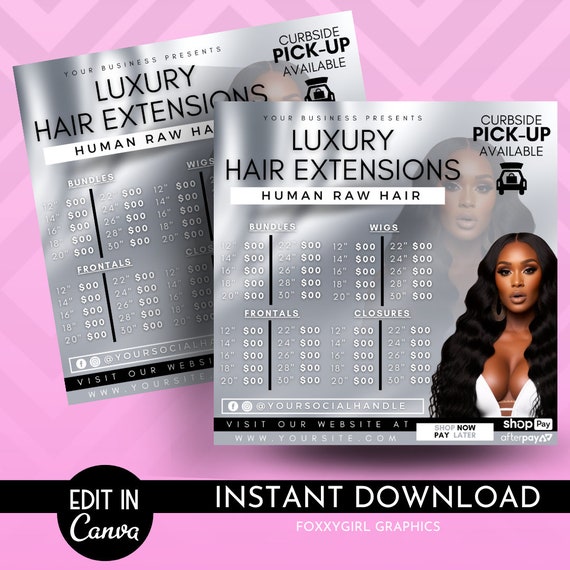 DIY Hair Pricelist Flyer, Hair Sale, Bundle Deals, Hair Extensions Wig Flyer, Editable Canva Template