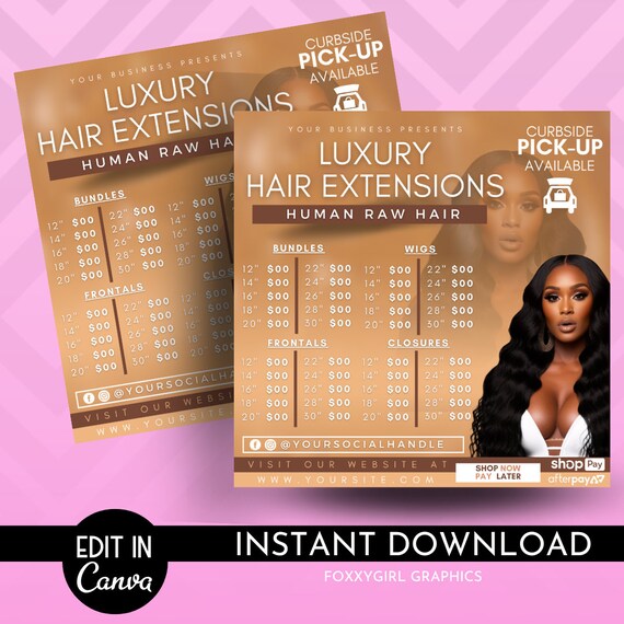 DIY Hair Pricelist Flyer, Hair Sale, Bundle Deals, Hair Extensions Wig Flyer, Editable Canva Template
