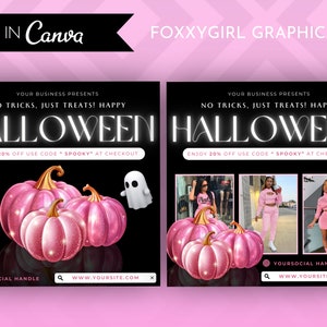 May include: A black and white graphic with the text "YOUR BUSINESS PRESENTS NO TRICKS, JUST TREATS! HAPPY HALLOWEEN ENJOY 20% OFF USE CODE SPOOKY AT CHECKOUT" and a pink glitter pumpkin. The graphic is set against a pink and white background.