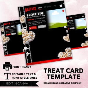 Plantillas de tarjetas de regalo para el Día de San Valentín inspiradas en Netflix, tarjeta de San Valentín gigante, regalo de Navidad, lista para imprimir, plantilla de Canva