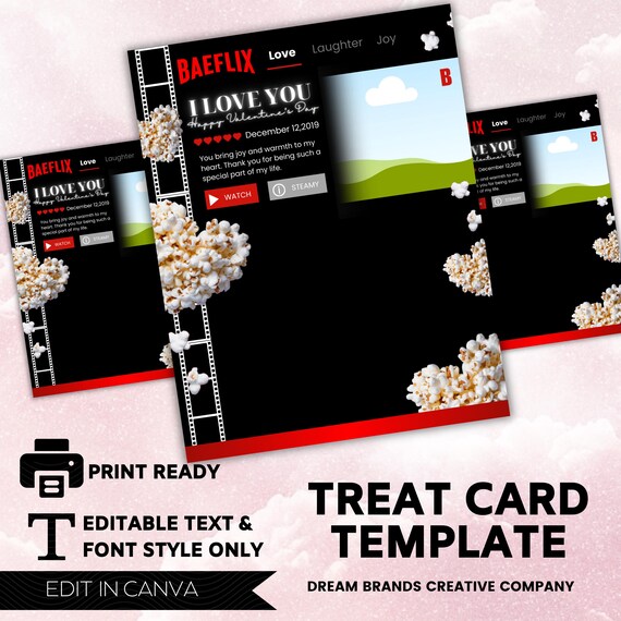Netflix inspired Couples Valentines Day treat card templates, Jumbo Valentines  card, Christmas Gift, print ready, Canva Template
