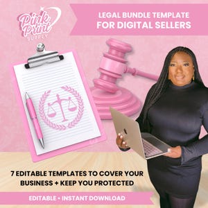 May include: A pink clipboard with a pen, a gavel, and a laptop are featured in this image. The clipboard has a scales of justice logo. Text reads "LEGAL BUNDLE TEMPLATE FOR DIGITAL SELLERS" and "7 EDITABLE TEMPLATES TO COVER YOUR BUSINESS + KEEP YOU PROTECTED."