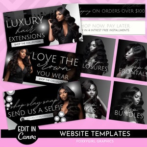Può includere: Modelli di sito web per un'azienda di extension per capelli. I modelli presentano foto in bianco e nero di donne con capelli lunghi e fluenti. Il testo sui modelli include "Luxury Hair Extensions", "Love the Crown You Wear", "Shop Closures", "Shop Frontals", "Shop Wigs", "Shop Bundles", e "Shop Slay Snap Send Us a Selfie".
