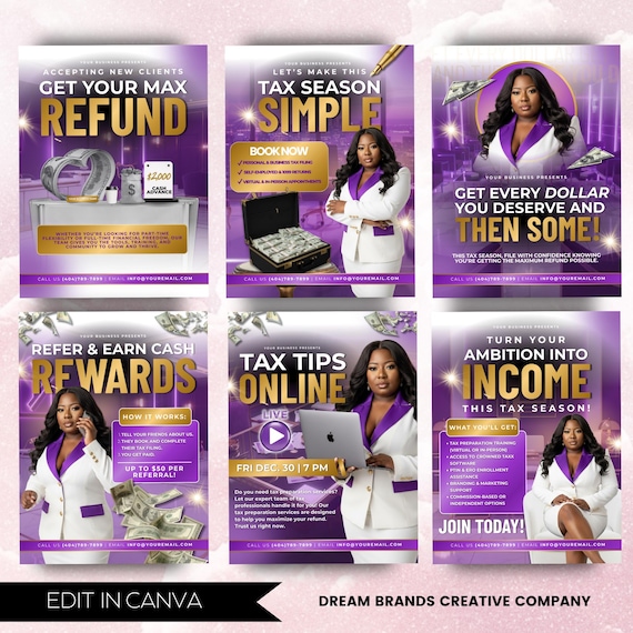 6 Fully Editable Tax Prep Service Flyers, 2026 Tax Season Flyers, Income Tax Preparer Flyers, Accounting Services Flyers, Canva Template