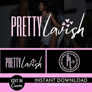 Puede incluir: Un diseño de logotipo rosa y blanco con el texto "PRETTY Lavish" y tres corazones rosas. El logotipo está sobre un fondo negro. El texto "EDIT IN Canva" y "INSTANT DOWNLOAD" están en la parte inferior de la imagen.