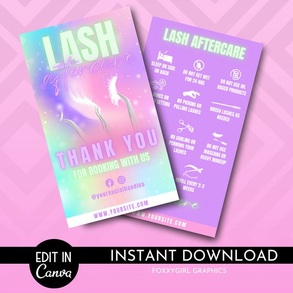 Lash Care Card, DIY Lash Care Aftercare, Care Card Template, Lash Extension Card, Lash Care Template, Printable Lash Card, Instruction
