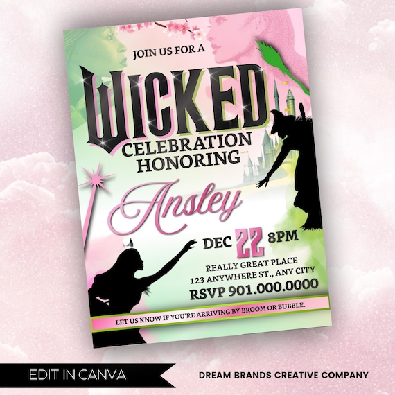 Wicked Birthday Party Invitation, Wicked party invitation, WICKED inspired Movie ticket, Elphaba & Glinda Theme, Movie party, Canva Editable