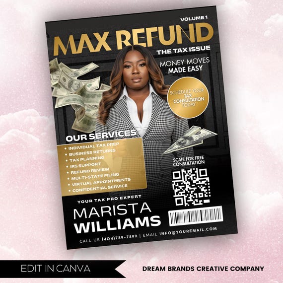 Magazine Flyer For Tax Season, Modern Tax Prep Flyer, Editable Tax Refund Preparation, Accountant Marketing Flyer, Canva Tax Business Flyer