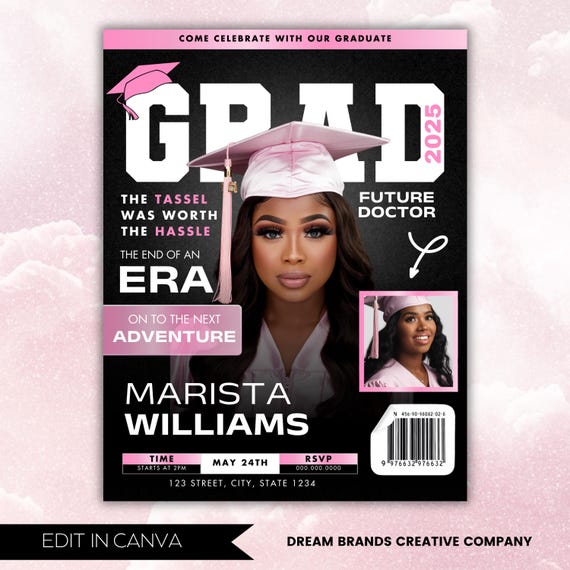 Magazine Cover Graduation Invite, DIY Flyer Template Design, Graduation Event, Class of 2025 Graduates, Premade Graduation Celebration Flyer