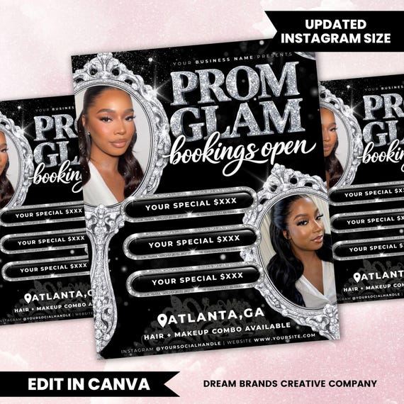 Prom Booking Flyer Canva Template | Prom Glam Beauty Ad | Hair Makeup Lash Flyer | Editable Instagram Promo | Beauty Business Marketing