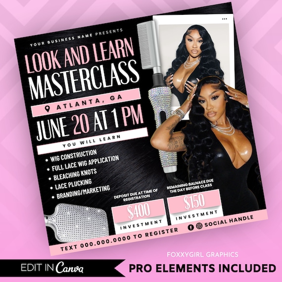 Lace Class flyer, Course Flyer, Luxury DIY Social media flyer, Master class flyer, Pink flyer, Social media template, Lash flyer, Hair flyer