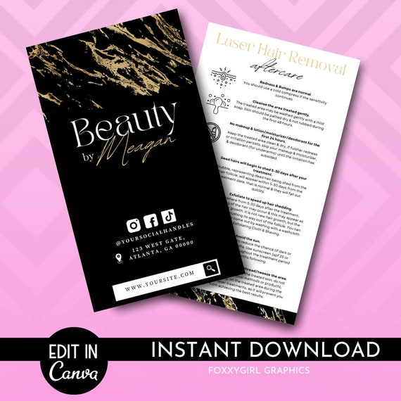Laser Hair Removal Care Card Template, IPL Hair Removal Aftercare Template, Printable Hair Removal Care Guide, Editable Laser Hair Removal