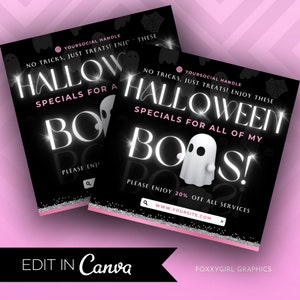 May include: Black and white Halloween social media post with a ghost and the text "NO TRICKS, JUST TREATS! ENJOY THESE HALLOWEEN SPECIALS FOR ALL OF MY BOOS!"  Please enjoy 20% off all services. www.yoursite.com