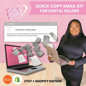 以下が含まれることがあります： デジタル販売者向けのプロモーション画像。ピンク色の画面のラップトップから封筒が出ています。「QUICK COPY EMAIL KIT FOR DIGITAL SELLERS」と「ETSY + SHOPIFY EDITION」の文字があります。