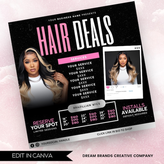 Hair Special Flyer, Hair Price List flyer, Hair Salon Wig Sale Price List Flyer, Hairstylist Wig Install Flyer, Hair Flyer, Wig Special