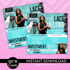 Könnte beinhalten: Ein türkisfarbener und weißer Flyer mit dem Gesicht einer schwarzen Frau. Der Flyer wirbt für einen "Lace Melting Academy" Kurs am 29. Juli von 13:00 bis 17:00 Uhr. Der Flyer sagt "Slay Lace on Any Complexion" und enthält eine Liste der im Kurs enthaltenen Leistungen. Der Flyer sagt auch "Investment: 575 €" und "75 € Anzahlung bei Buchung".