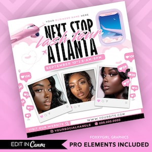 Puede incluir: Folleto rosa y blanco con un avión y el texto "Next Stop Lash Tour Atlanta" con la fecha "September 10th | 6 AM - 6 PM". El folleto también incluye una dirección de sitio web y un número de teléfono.