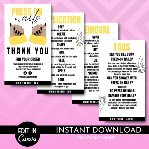 Press On Nails Care Guide Template, Custom Artificial Nails Application Steps, Printable False Nails Aftercare Cards Design, Instant