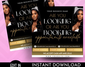 Booking or Looking Flyer | Booking Flyer | Book Now | Availability Open | Hair Flyer | Canva Flyer | Digital File Editable Canva Template