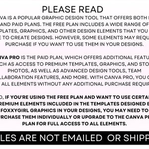 May include: Text explaining that Canva is a popular graphic design tool that offers both free and paid plans. The free plan includes a wide range of templates, graphics, and other design elements. The paid plan, Canva Pro, offers additional features such as access to premium templates, graphics, and stock photos, as well as advanced design tools, team collaboration features, and more. The text also states that files are not emailed or shipped.