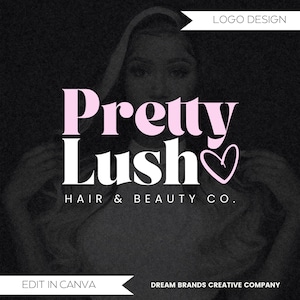Könnte beinhalten: Ein Logo-Design für Pretty Lush Hair & Beauty Co. Das Logo zeigt die Wörter "Pretty Lush" in Rosa und Weiß, mit einem Herzsymbol. Der Text "HAIR & BEAUTY CO." steht darunter. Der Hintergrund ist ein verschwommenes Bild einer Person.