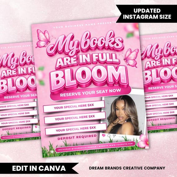 April Bookings Open Flyer Template, Hair Stylist Booking Flyer, Beauty Salon Promo, Lash Nail Glam Specials, Editable Canva Template