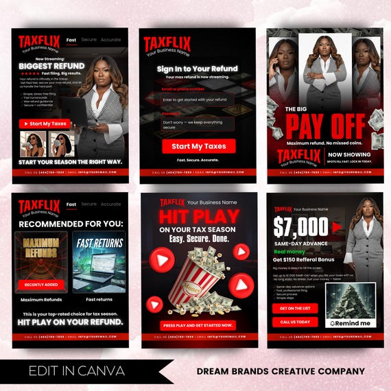 6 Fully Editable Tax Prep Service Flyers, 2026 Tax Season Flyers, Income Tax Preparer Flyers, Accounting Services Flyers, Canva Template