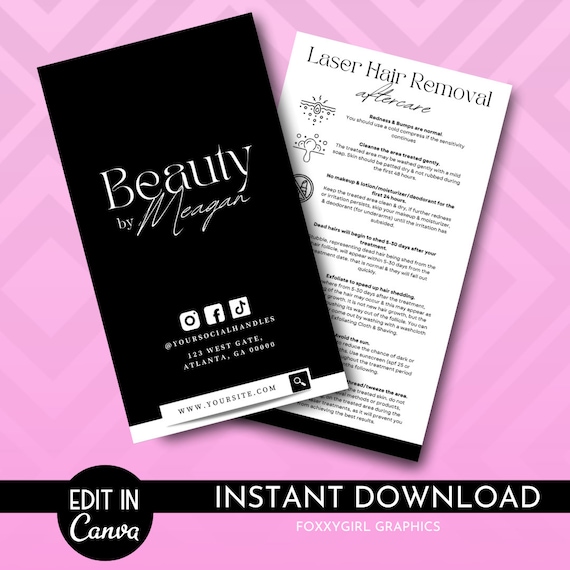 Laser Hair Removal Care Card Template, IPL Hair Removal Aftercare Template, Printable Hair Removal Care Guide, Editable Laser Hair Removal