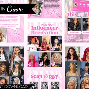 May include: Pink and white zebra print background with a collage of images of women with different hairstyles. The text "Pick Your Influencer Recreation" is in a pink and white striped box. The text "This or That" is in a pink box with a white border. The text "Side Part" and "Buss Down" are in white boxes with pink borders. The text "Scan to Pay" is in a pink box with a white border. The text "Instant Download" is in a white box with a pink border.